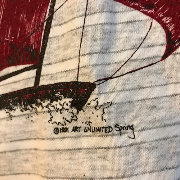 Vintage 90s Sailboat Boat Gray Striped USA T Shirt - Picture 4 of 6